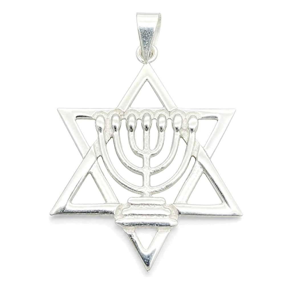 Sterling Silver Fancy Pendant, Judaica and Star of David Design, Polished, Silver Finish