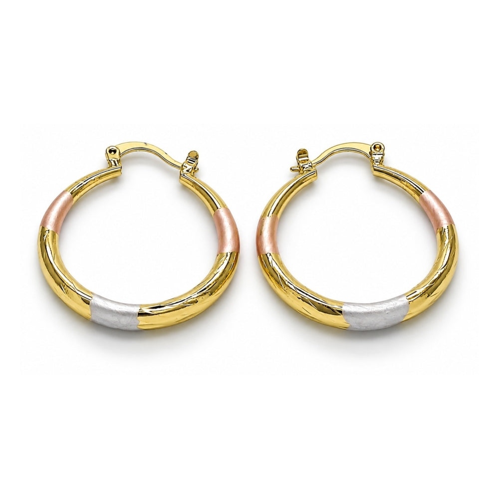 Oro Laminado Medium Hoop, Gold Filled Style Hollow Design, Diamond Cutting Finish, Tricolor
