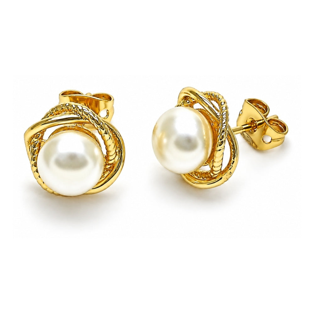 Oro Laminado Stud Earring, Gold Filled Style Infinite and Love Knot Design, with Ivory Pearl, Polished, Golden Finish