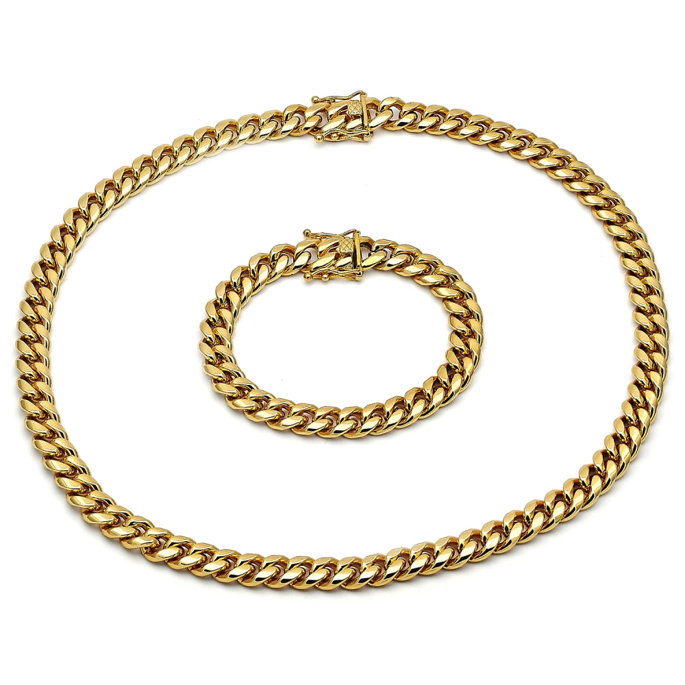 Stainless Steel Necklace and Bracelet, Miami Cuban Design, Polished, Golden Finish