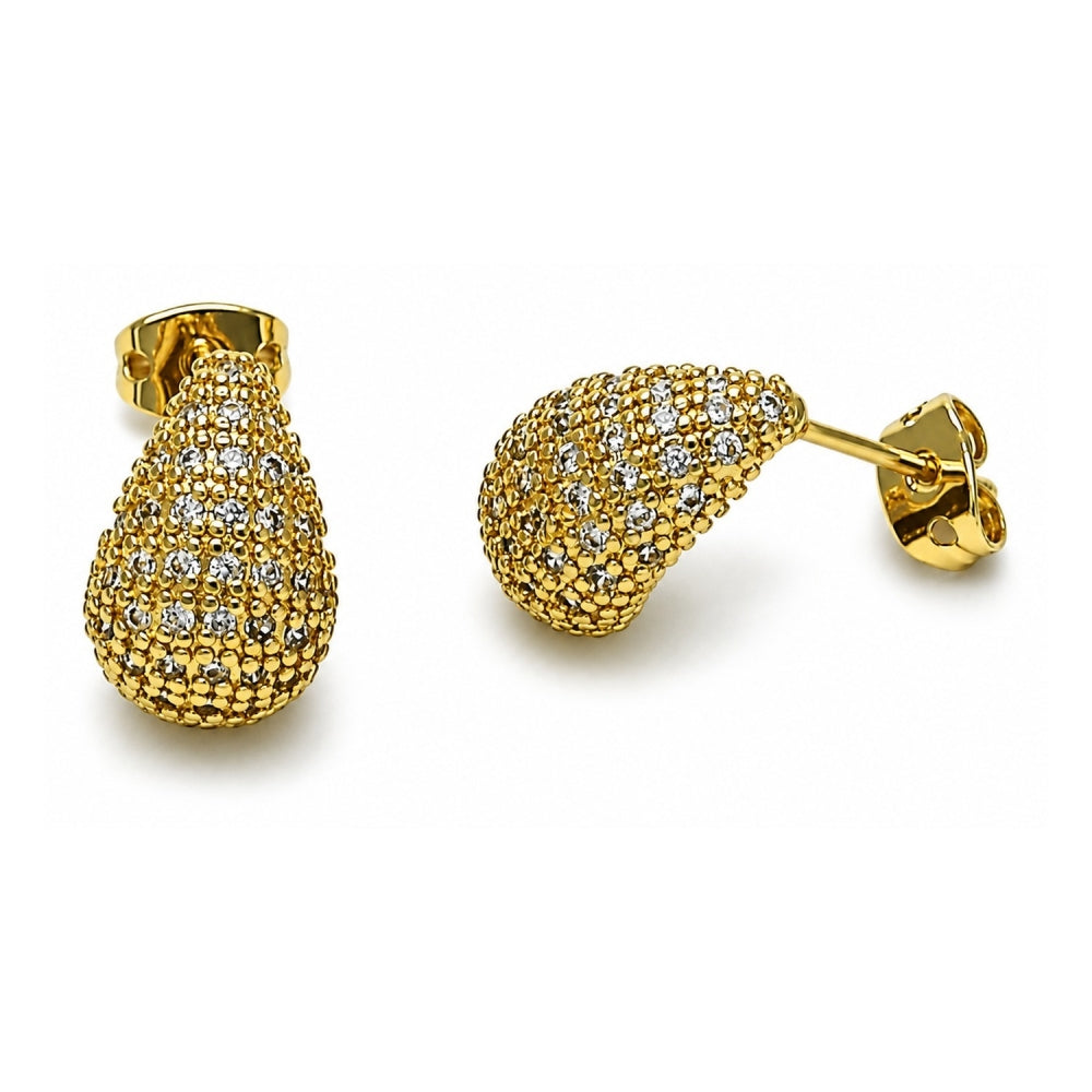 Oro Laminado Stud Earring, Gold Filled Style Teardrop Design, with White Micro Pave, Polished, Golden Finish
