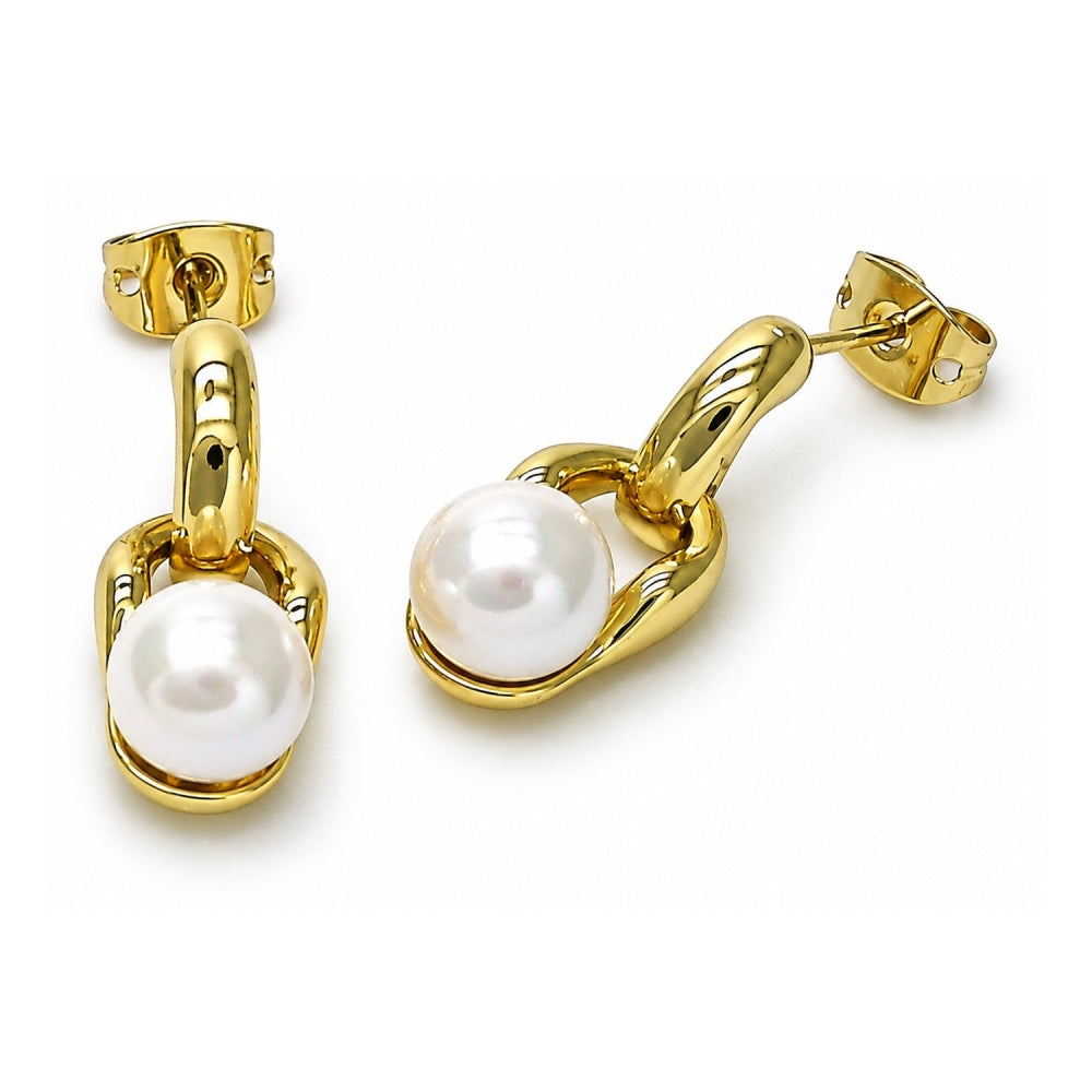 Oro Laminado Stud Earring, Gold Filled Style Ball Design, with Ivory Mother of Pearl, Polished, Golden Finish