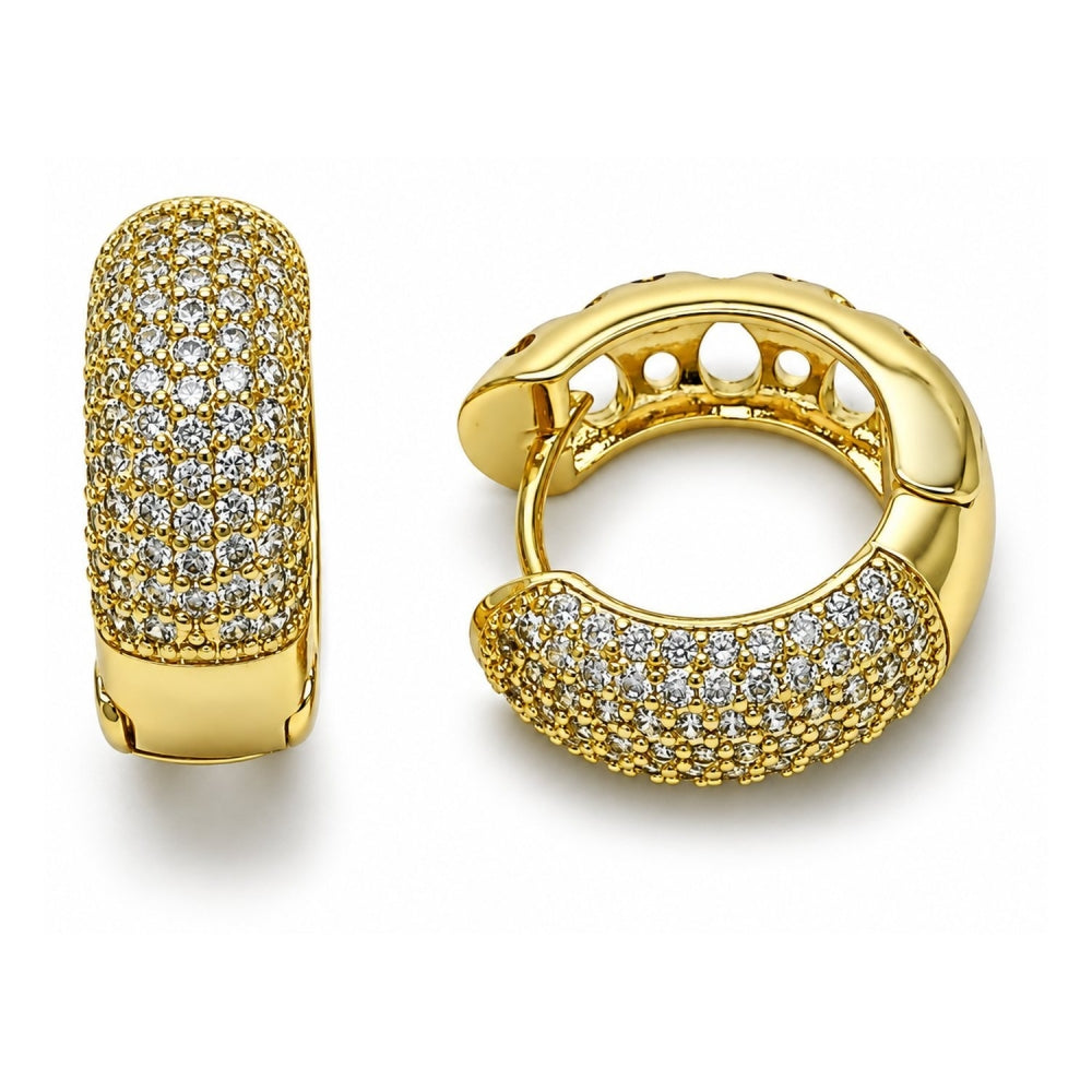 Oro Laminado Huggie Hoop, Gold Filled Style Four-leaf Clover Design, with White Micro Pave, Polished, Golden Finish