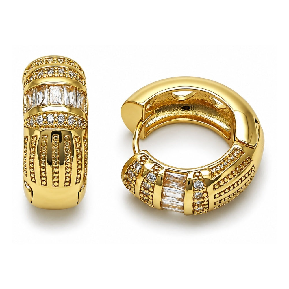 Oro Laminado Huggie Hoop, Gold Filled Style Baguette Design, with White Cubic Zirconia, Polished, Golden Finish