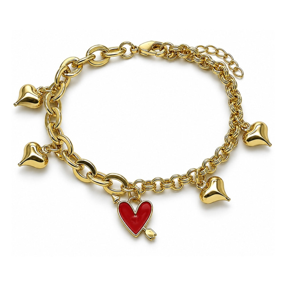 Oro Laminado Charm Bracelet, Gold Filled Style Heart Design, Red Enamel Finish, Golden Finish