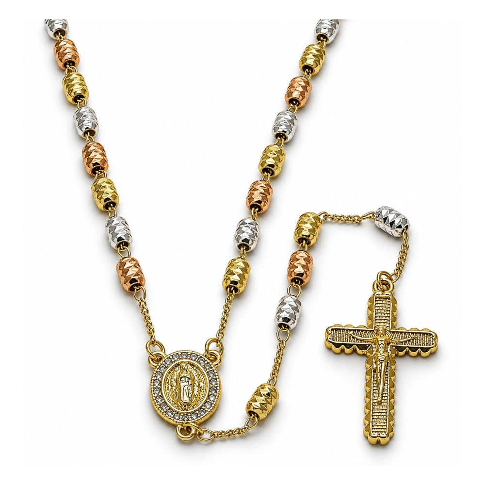 Oro Laminado Thin Rosary, Gold Filled Style Guadalupe and Crucifix Design, with White Micro Pave, Diamond Cutting Finish, Tricolor