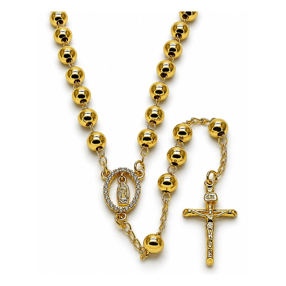 Oro Laminado Medium Rosary, Gold Filled Style Guadalupe and Crucifix Design, with White Cubic Zirconia, Polished, Golden Finish