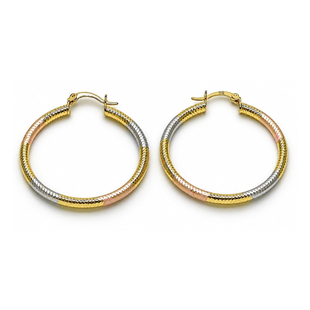Oro Laminado Medium Hoop, Gold Filled Style Hollow Design, Diamond Cutting Finish, Tricolor