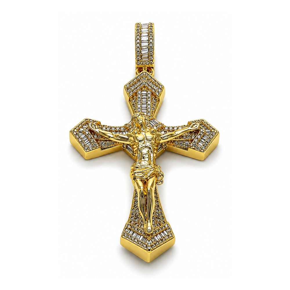 Oro Laminado Religious Pendant, Gold Filled Style Crucifix and Baguette Design, with White Cubic Zirconia and White Micro Pave, Polished, Golden Finish