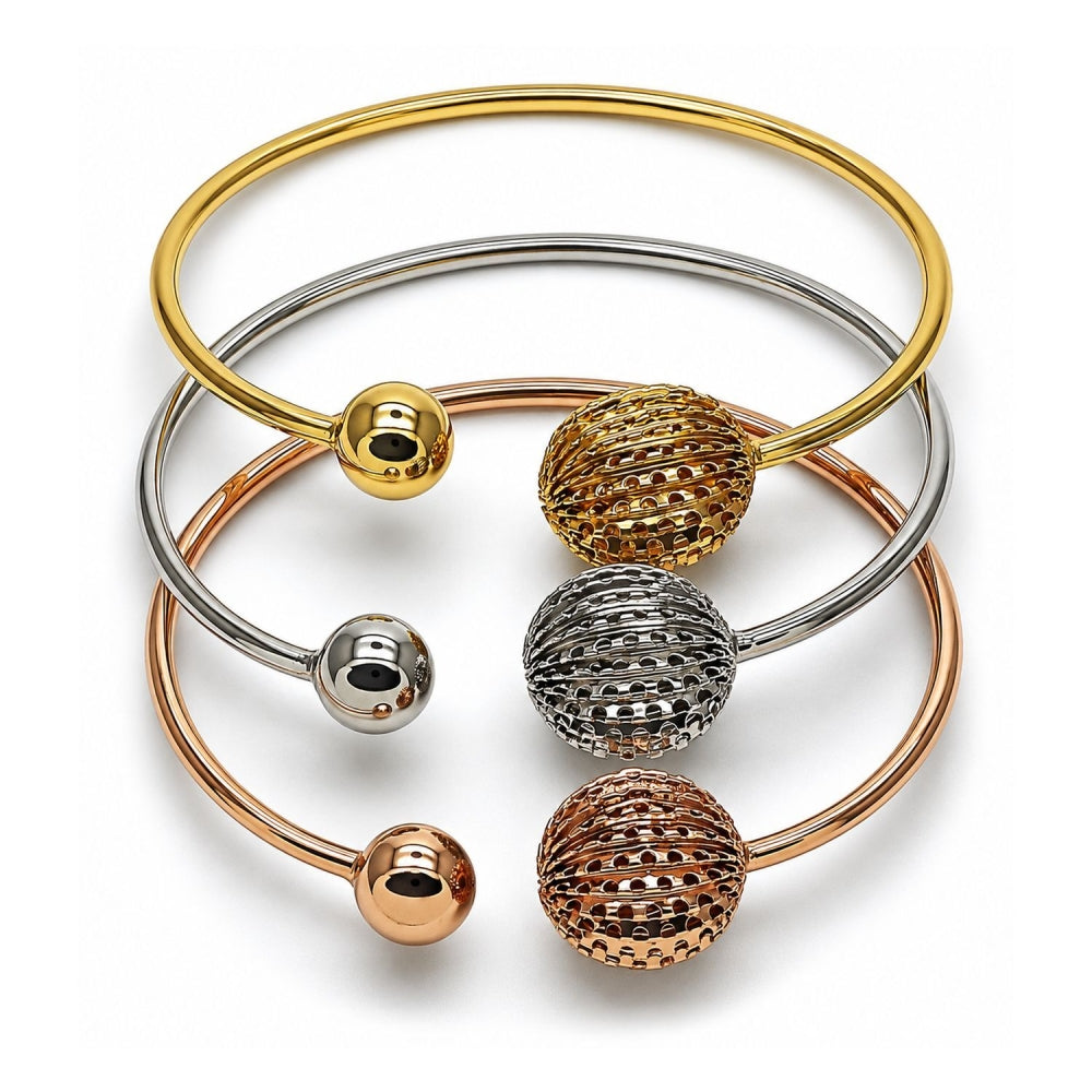 Oro Laminado Trio Bangle, Gold Filled Style Ball Design, Diamond Cutting Finish, Tricolor