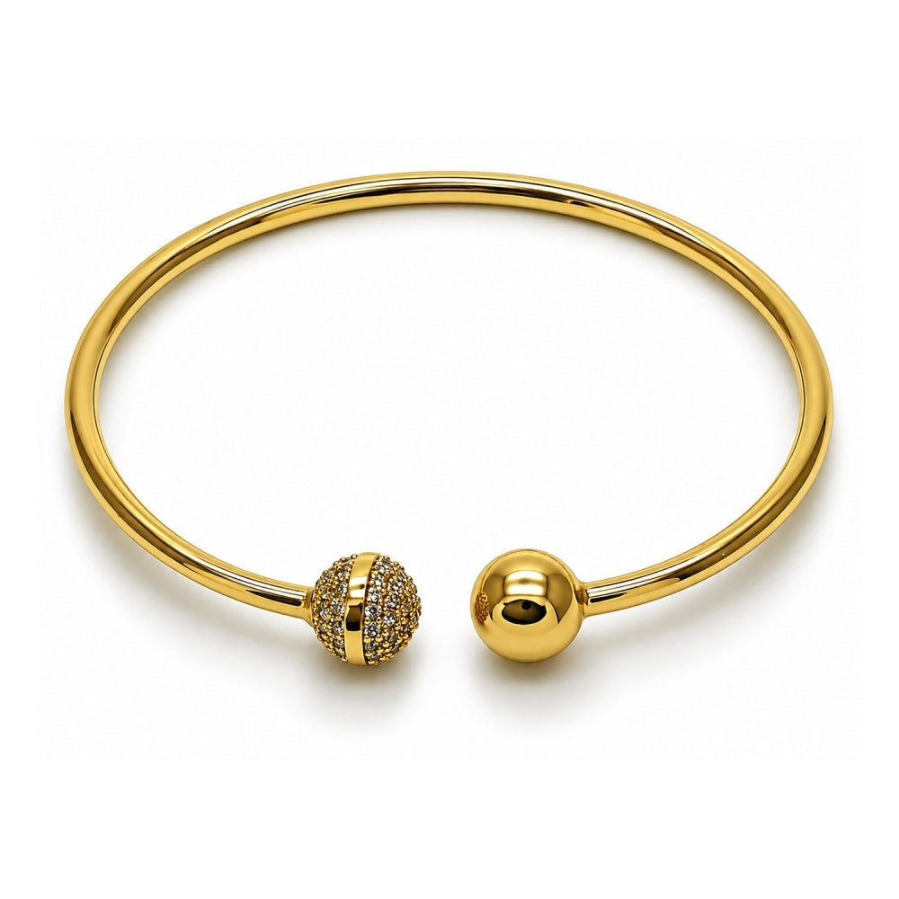 Oro Laminado Individual Bangle, Gold Filled Style Ball Design, with White Cubic Zirconia, Polished, Golden Finish