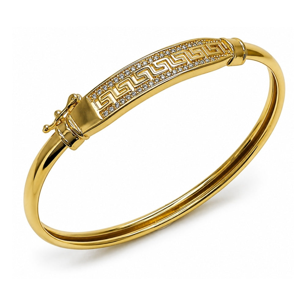 Oro Laminado Individual Bangle, Gold Filled Style Greek Key Design, with White Cubic Zirconia, Polished, Golden Finish