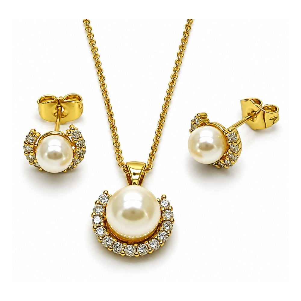 Oro Laminado Earring and Pendant Adult Set, Gold Filled Style Cluster and Ball Design, with Ivory Pearl and White Cubic Zirconia, Polished, Golden Finish