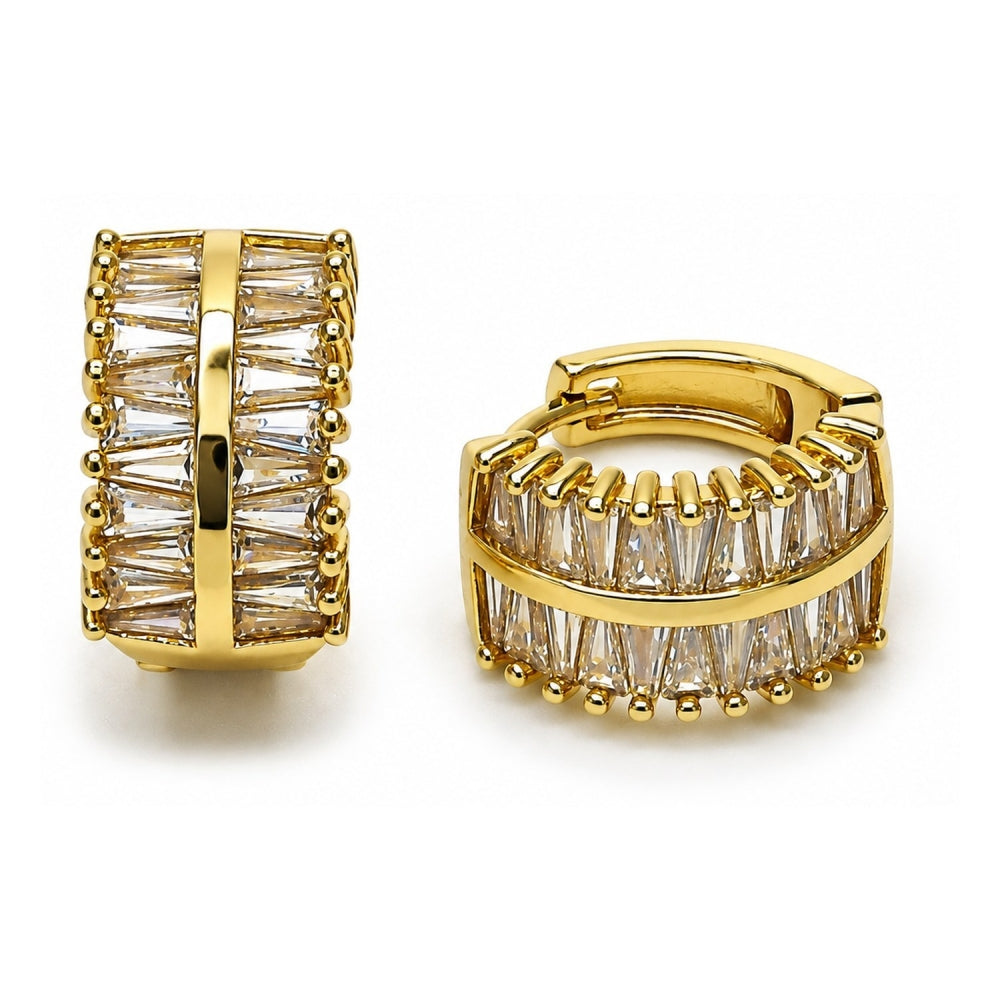 Oro Laminado Huggie Hoop, Gold Filled Style Baguette Design, with White Cubic Zirconia, Polished, Golden Finish