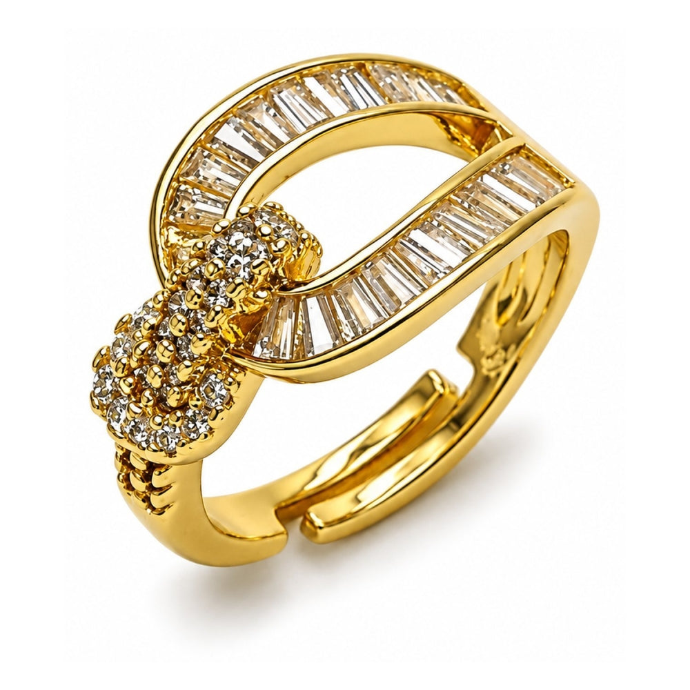 Oro Laminado Multi Stone Ring, Gold Filled Style Belt Buckle and Baguette Design, with White Cubic Zirconia and White Micro Pave, Polished, Golden Finish