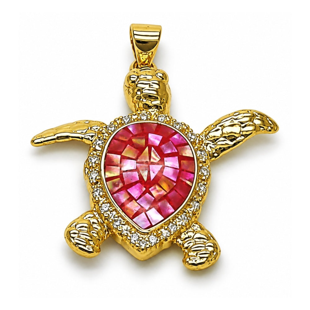 Oro Laminado Fancy Pendant, Gold Filled Style Turtle Design, with Garnet Opal and White Micro Pave, Polished, Golden Finish