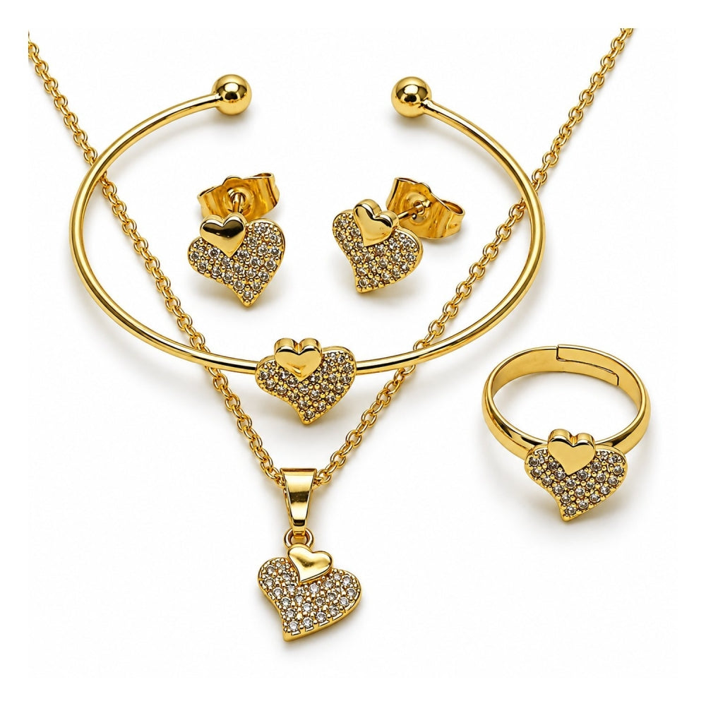 Oro Laminado Earring and Pendant Children Set, Gold Filled Style Heart Design, with White Micro Pave, Polished, Golden Finish