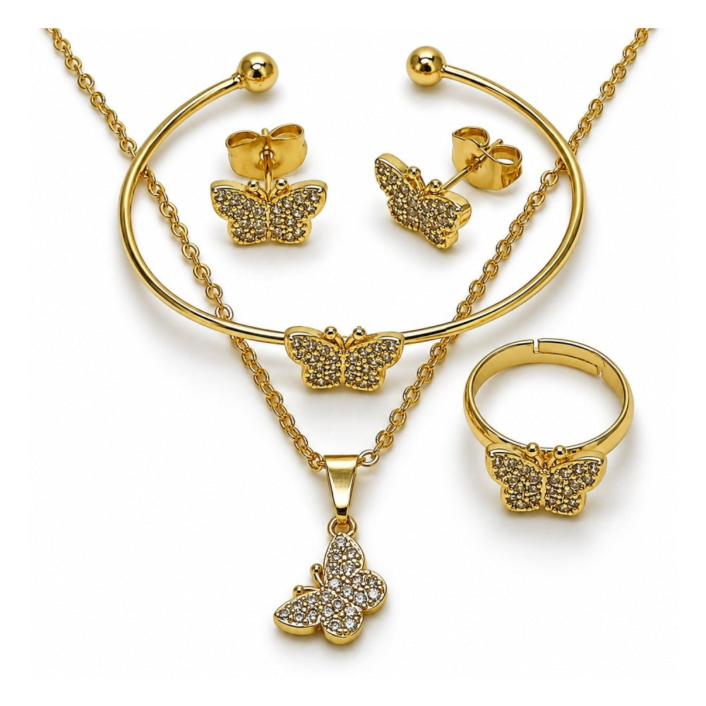 Oro Laminado Earring and Pendant Adult Set, Gold Filled Style Butterfly Design, with White Micro Pave, Polished, Golden Finish
