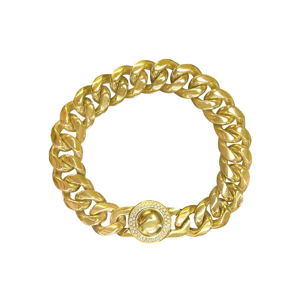 Stainless Steel Cuban Link Bracelet with CZ Circular Buckle