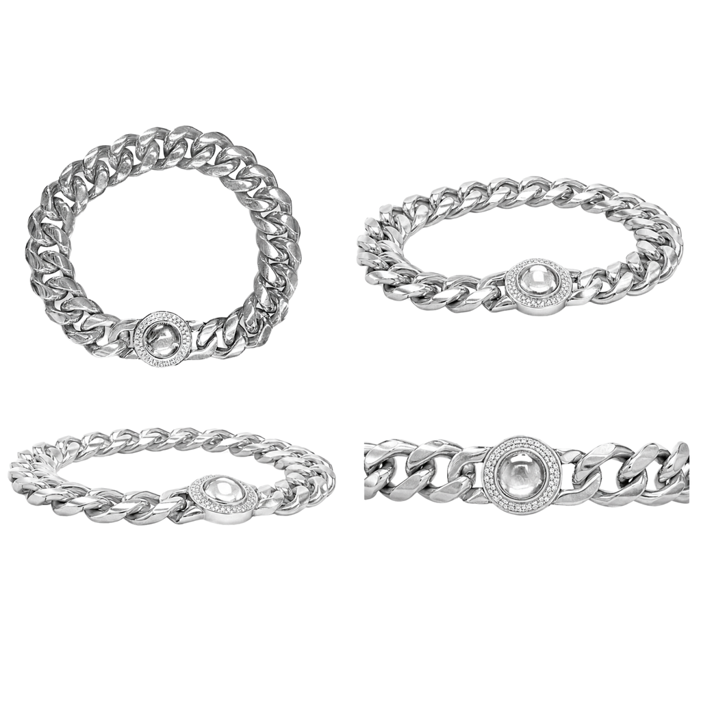 Stainless Steel Cuban Link Bracelet with CZ Circular Buckle