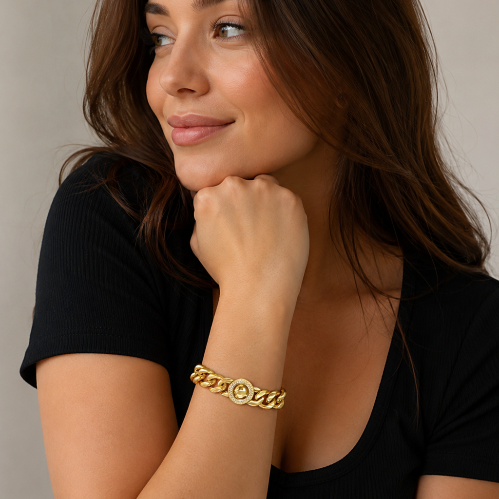 Stainless Steel Cuban Link Bracelet with CZ Circular Buckle