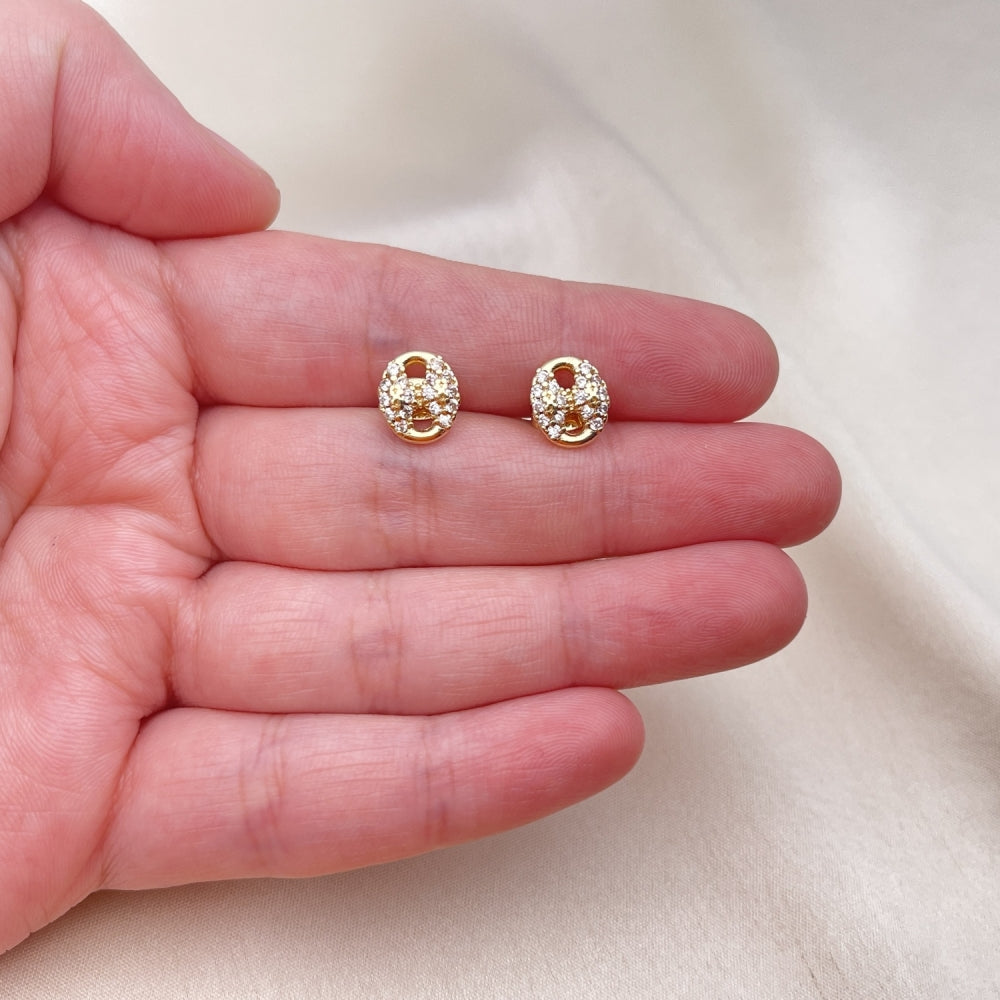 Oro Laminado Stud Earring, Gold Filled Style Puff Mariner Design, with White Micro Pave, Polished, Golden Finish