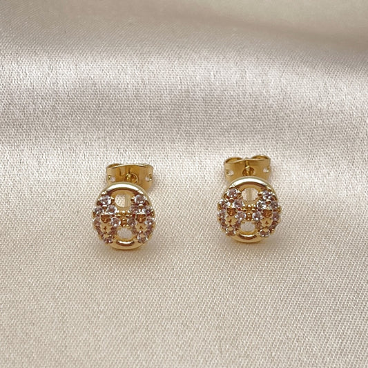Oro Laminado Stud Earring, Gold Filled Style Puff Mariner Design, with White Micro Pave, Polished, Golden Finish