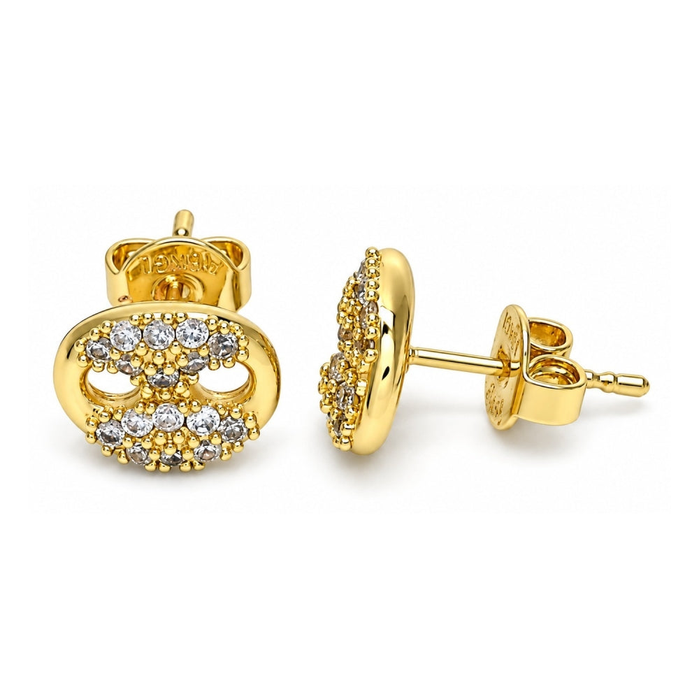 Oro Laminado Stud Earring, Gold Filled Style Puff Mariner Design, with White Micro Pave, Polished, Golden Finish