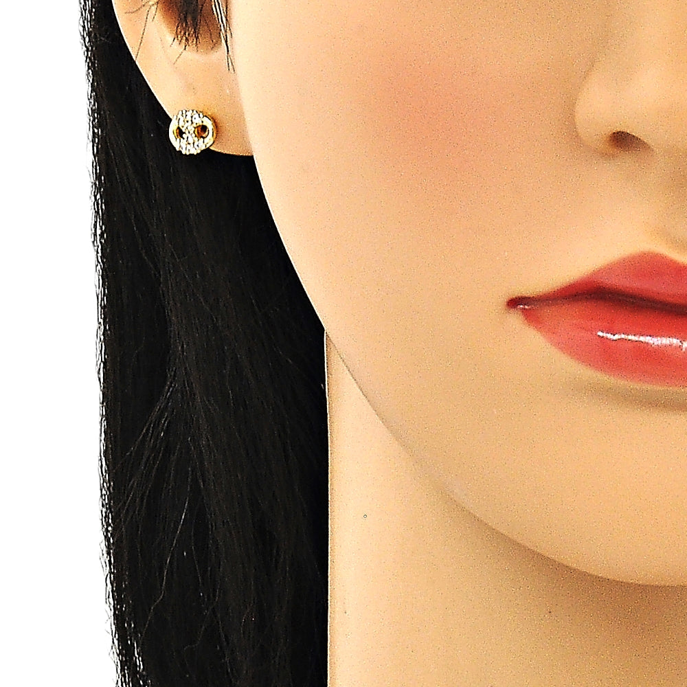 Oro Laminado Stud Earring, Gold Filled Style Puff Mariner Design, with White Micro Pave, Polished, Golden Finish