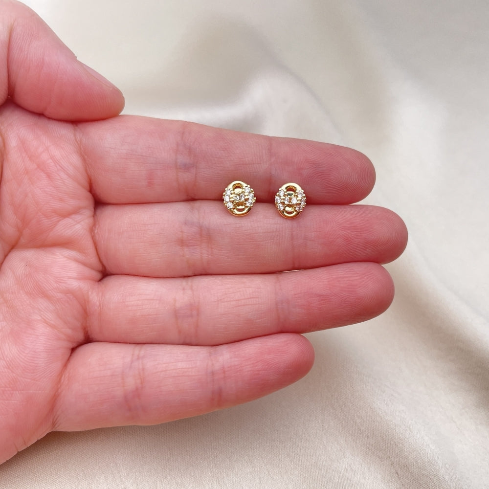 Oro Laminado Stud Earring, Gold Filled Style Puff Mariner Design, with White Micro Pave, Polished, Golden Finish