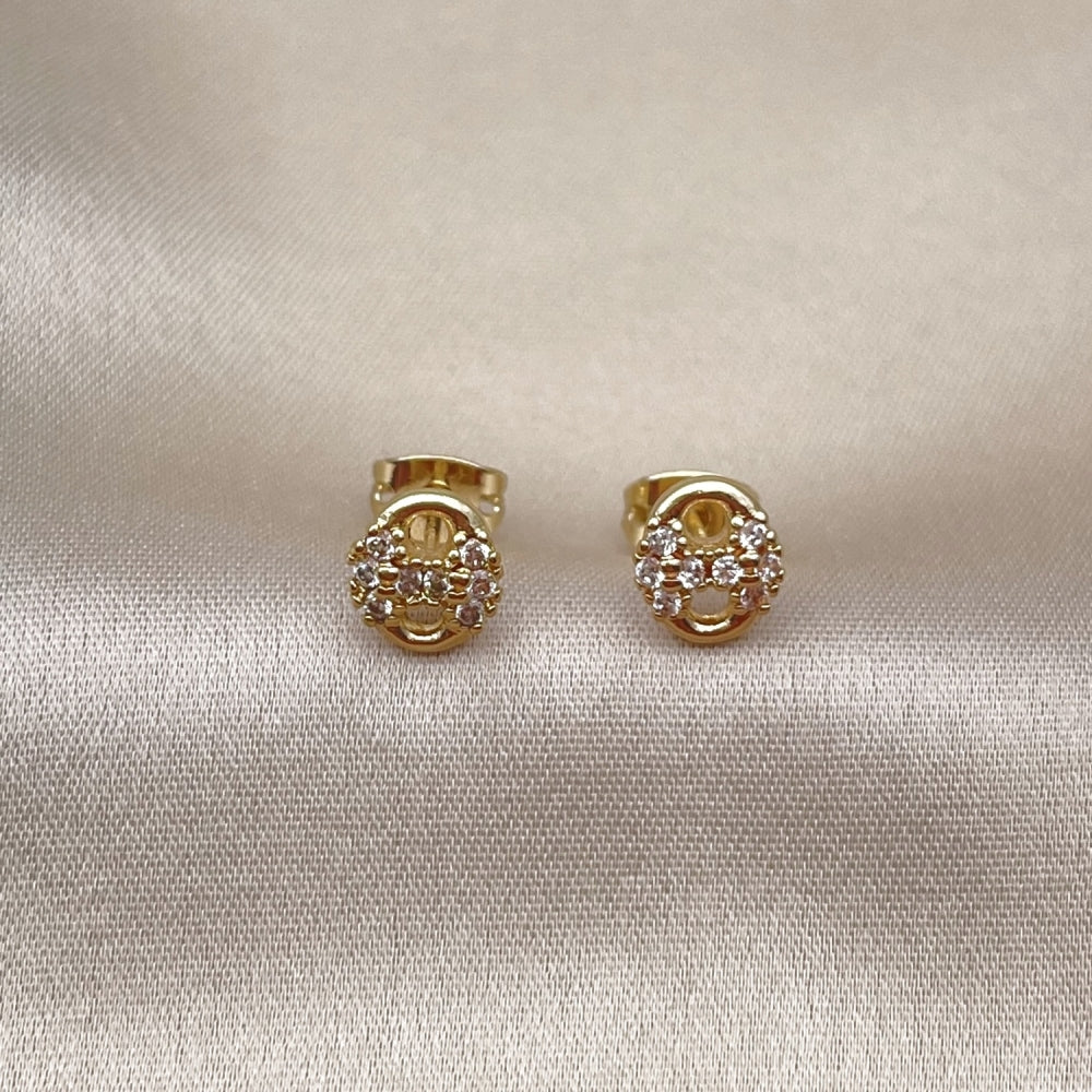 Oro Laminado Stud Earring, Gold Filled Style Puff Mariner Design, with White Micro Pave, Polished, Golden Finish