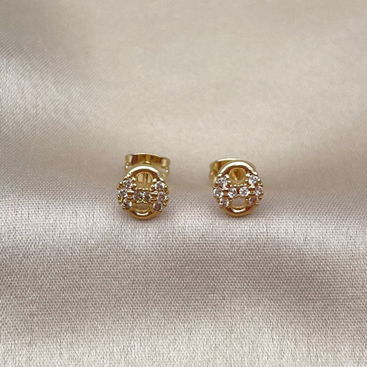 Oro Laminado Stud Earring, Gold Filled Style Puff Mariner Design, with White Micro Pave, Polished, Golden Finish