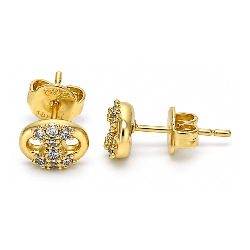 Oro Laminado Stud Earring, Gold Filled Style Puff Mariner Design, with White Micro Pave, Polished, Golden Finish