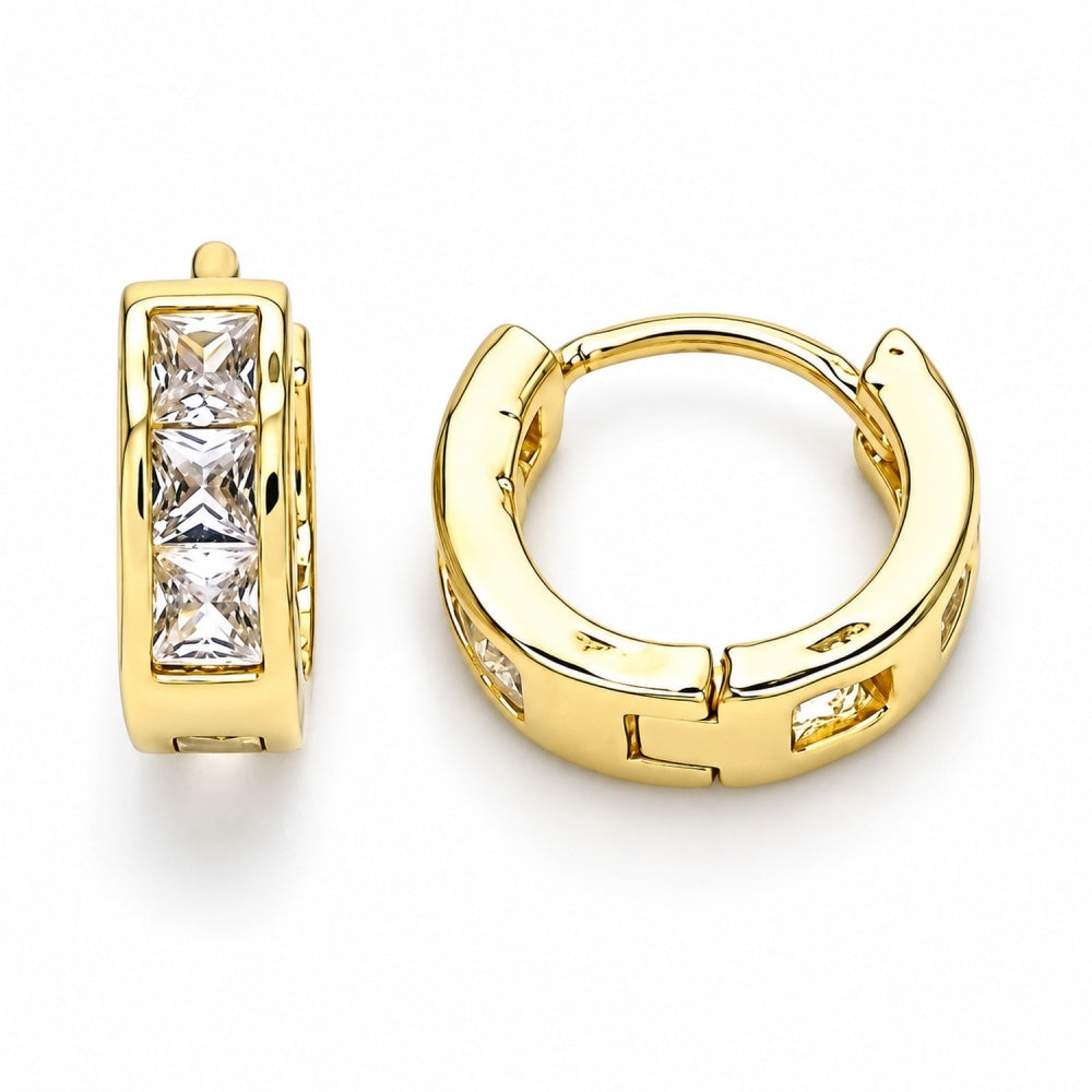 Oro Laminado Huggie Hoop, Gold Filled Style with White Cubic Zirconia, Polished, Golden Finish