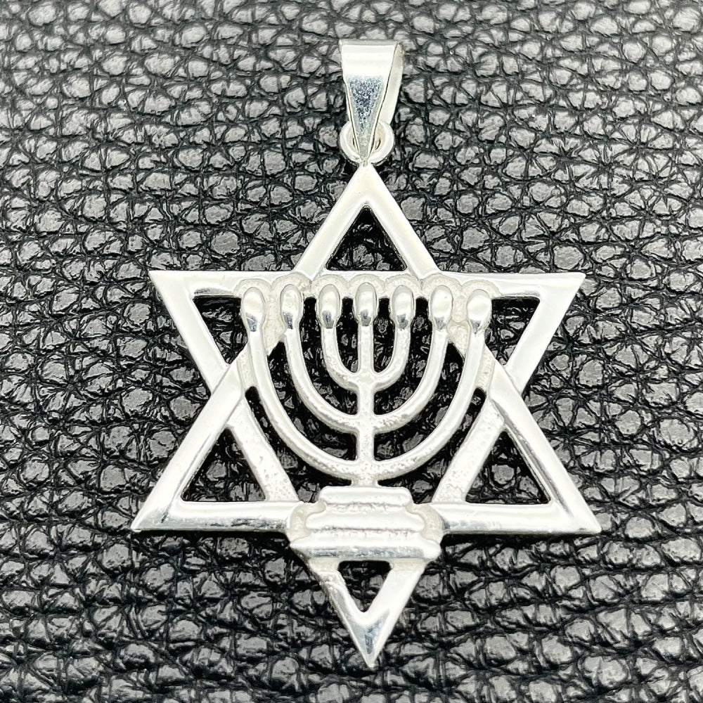 Sterling Silver Fancy Pendant, Judaica and Star of David Design, Polished, Silver Finish