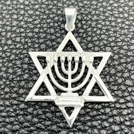 Sterling Silver Fancy Pendant, Judaica and Star of David Design, Polished, Silver Finish