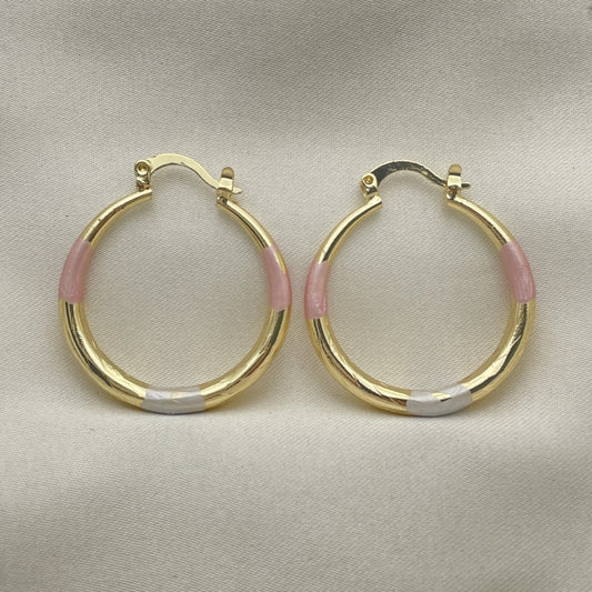 Oro Laminado Medium Hoop, Gold Filled Style Hollow Design, Diamond Cutting Finish, Tricolor