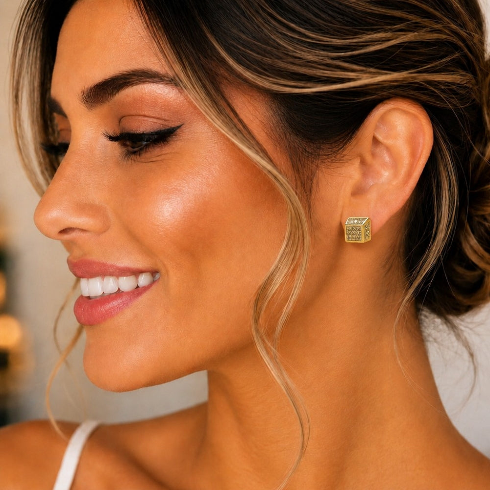 Oro Laminado Stud Earring, Gold Filled Style with White Micro Pave, Polished, Golden Finish