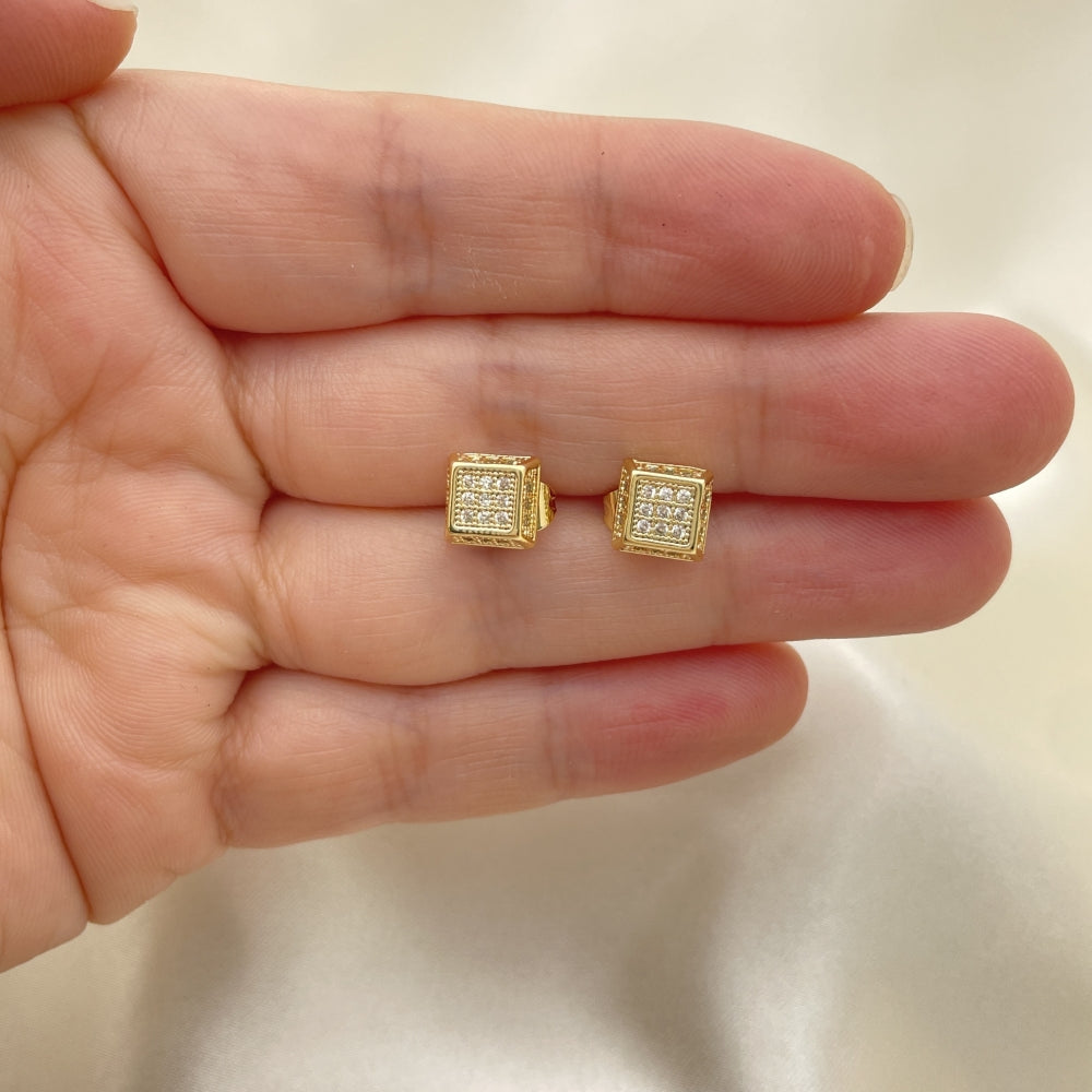 Oro Laminado Stud Earring, Gold Filled Style with White Micro Pave, Polished, Golden Finish