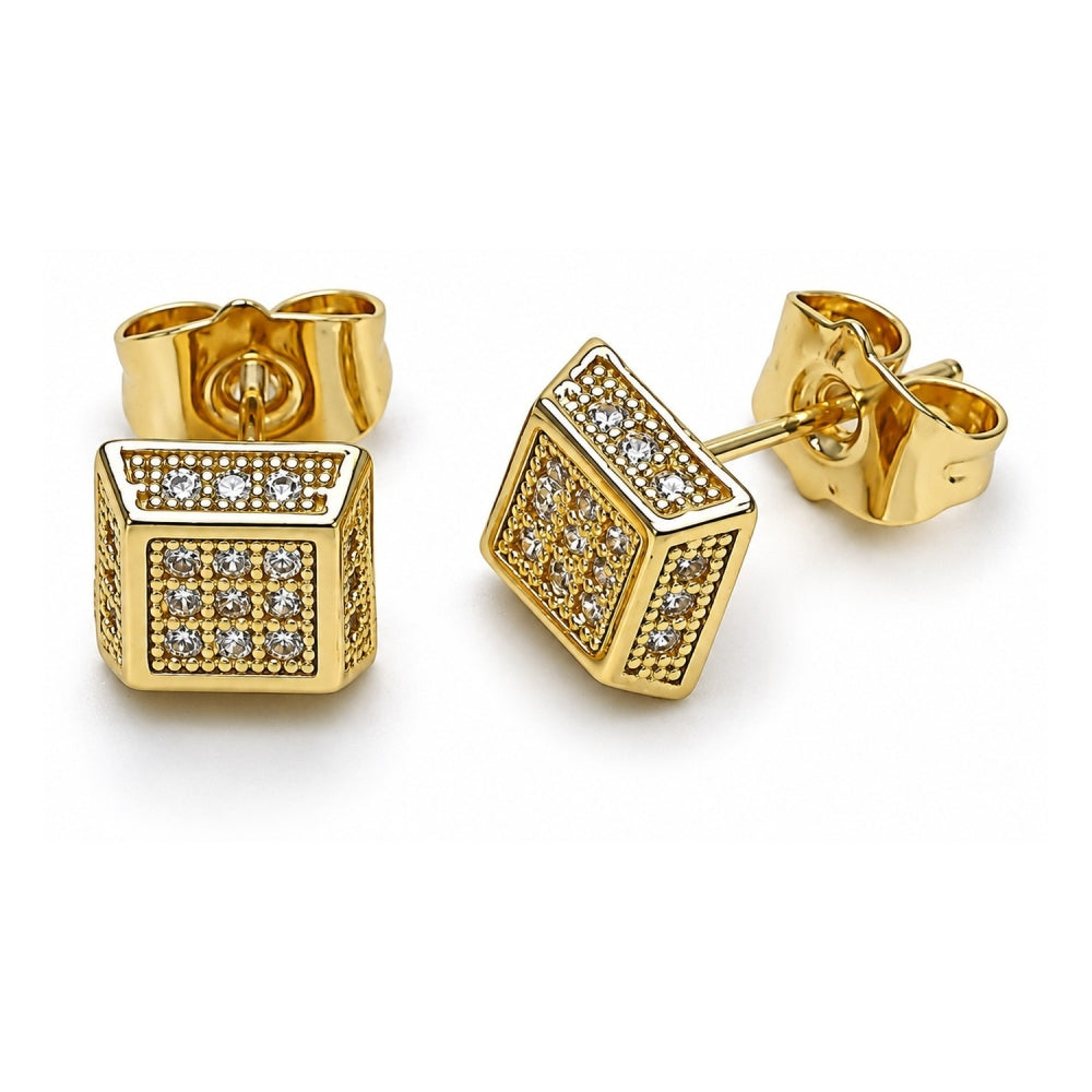 Oro Laminado Stud Earring, Gold Filled Style with White Micro Pave, Polished, Golden Finish