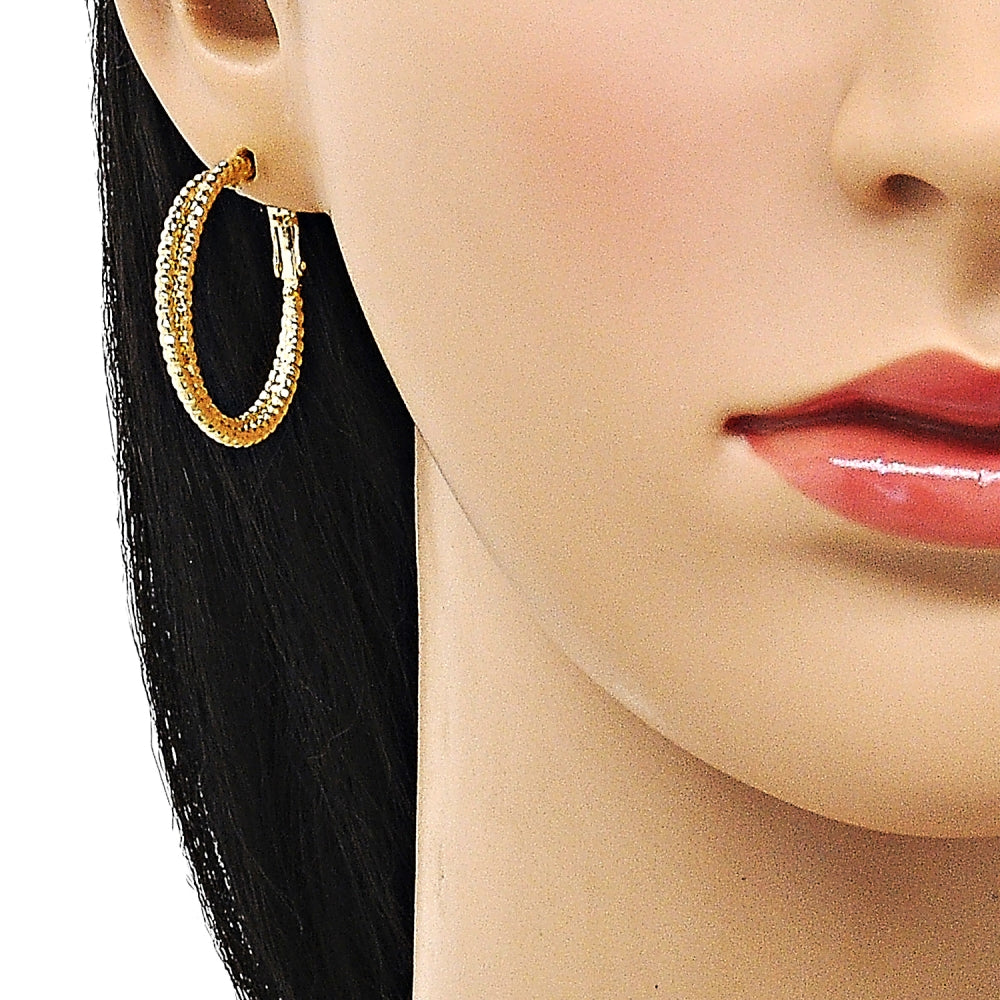 Oro Laminado Medium Hoop, Gold Filled Style Twist Design, Diamond Cutting Finish, Golden Finish
