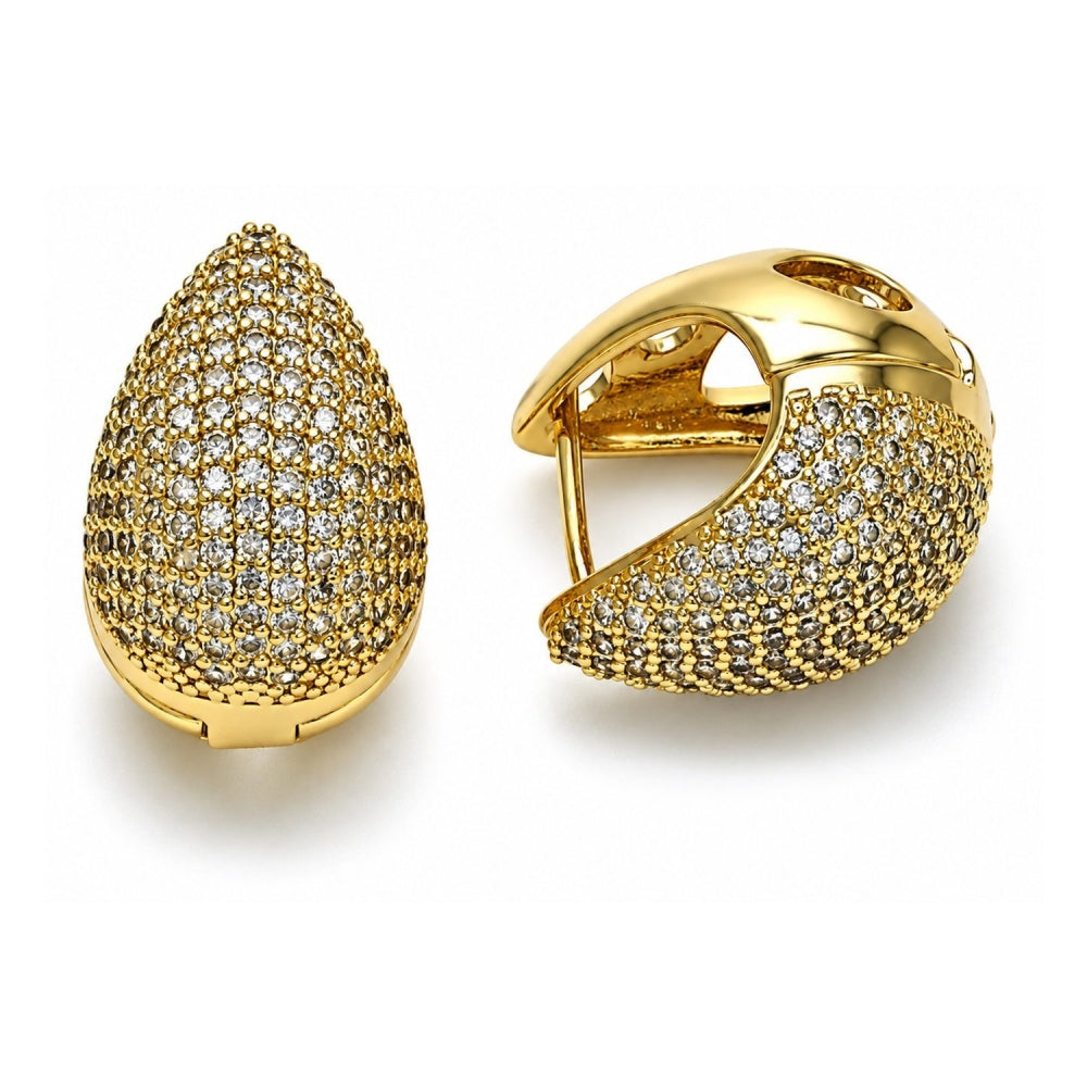 Oro Laminado Huggie Hoop, Gold Filled Style with White Micro Pave, Polished, Golden Finish