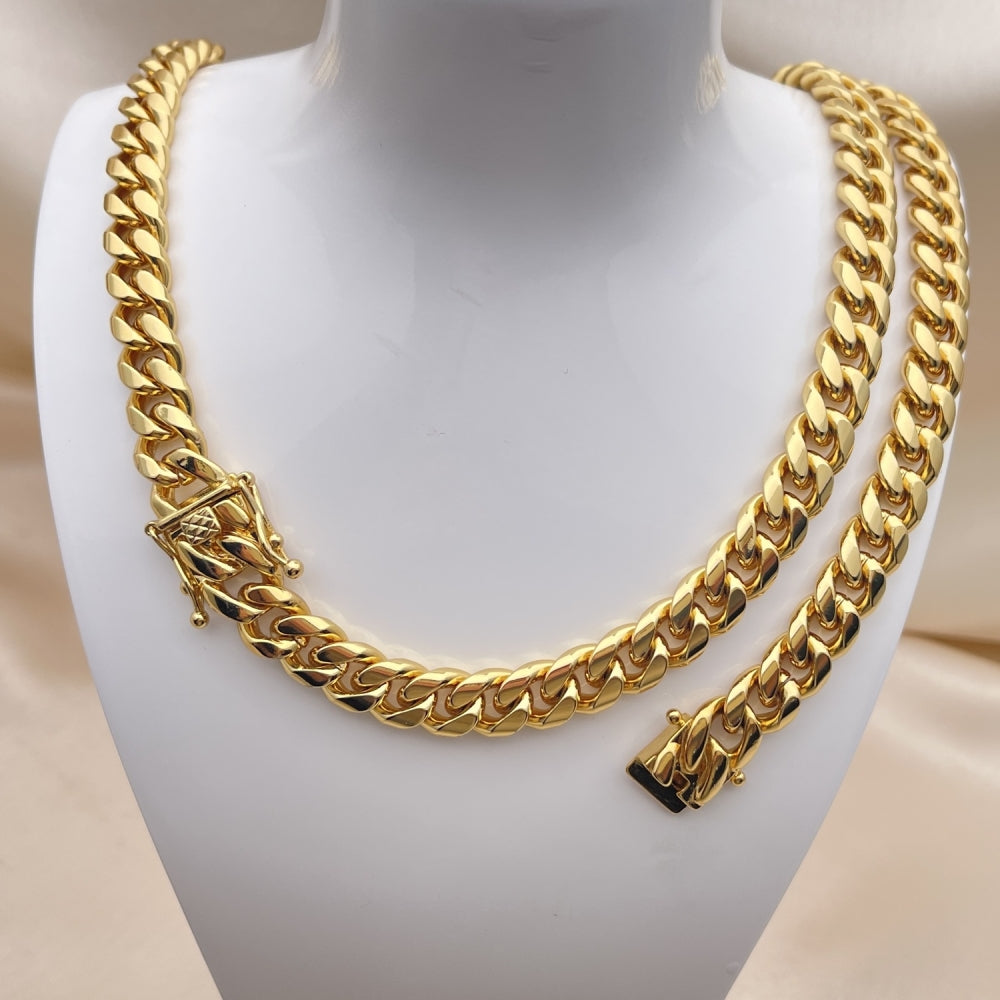 Stainless Steel Necklace and Bracelet, Miami Cuban Design, Polished, Golden Finish