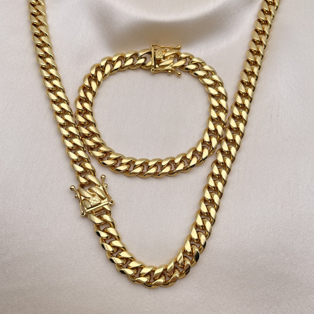 Stainless Steel Necklace and Bracelet, Miami Cuban Design, Polished, Golden Finish