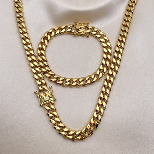 Stainless Steel Necklace and Bracelet, Miami Cuban Design, Polished, Golden Finish