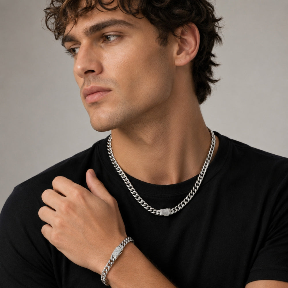 Stainless Steel Necklace and Bracelet, Miami Cuban Design, with White Crystal, Polished, Steel Finish
