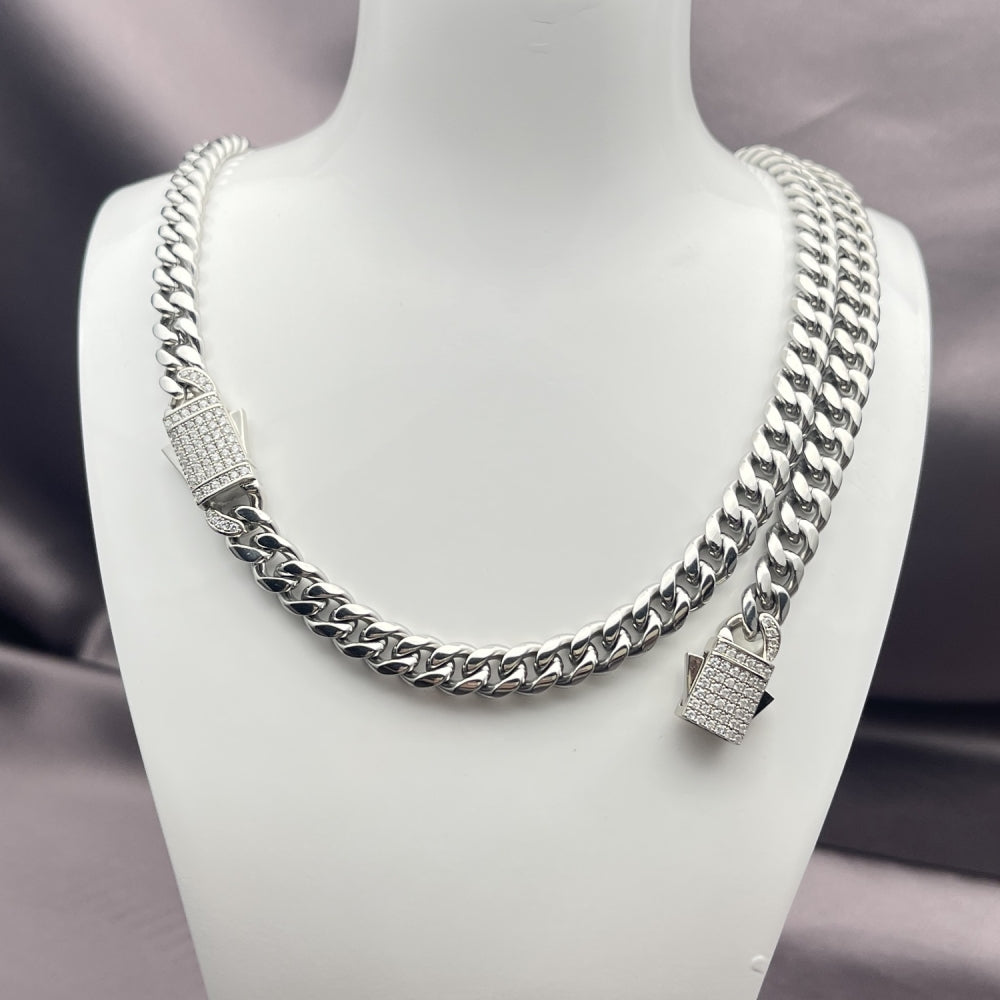 Stainless Steel Necklace and Bracelet, Miami Cuban Design, with White Crystal, Polished, Steel Finish