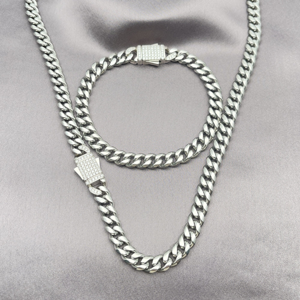 Stainless Steel Necklace and Bracelet, Miami Cuban Design, with White Crystal, Polished, Steel Finish