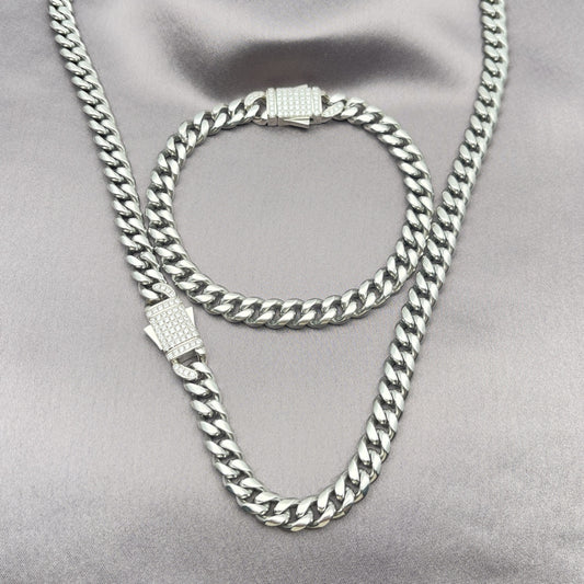 Stainless Steel Necklace and Bracelet, Miami Cuban Design, with White Crystal, Polished, Steel Finish