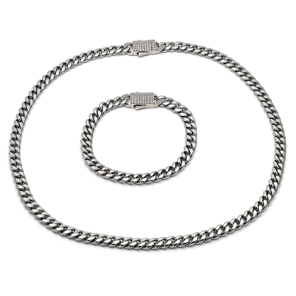 Stainless Steel Necklace and Bracelet, Miami Cuban Design, with White Crystal, Polished, Steel Finish